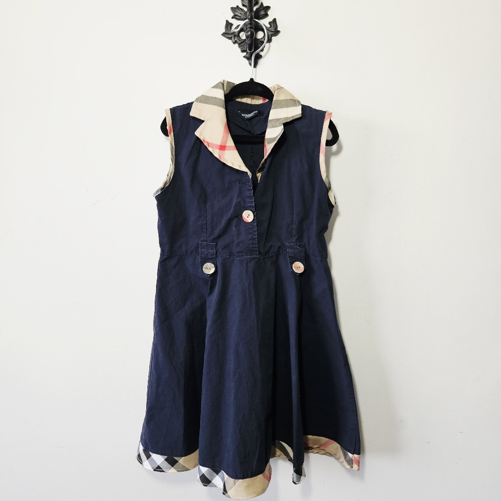 Navy Plaid-Trim Sleeveless Dress for Girls